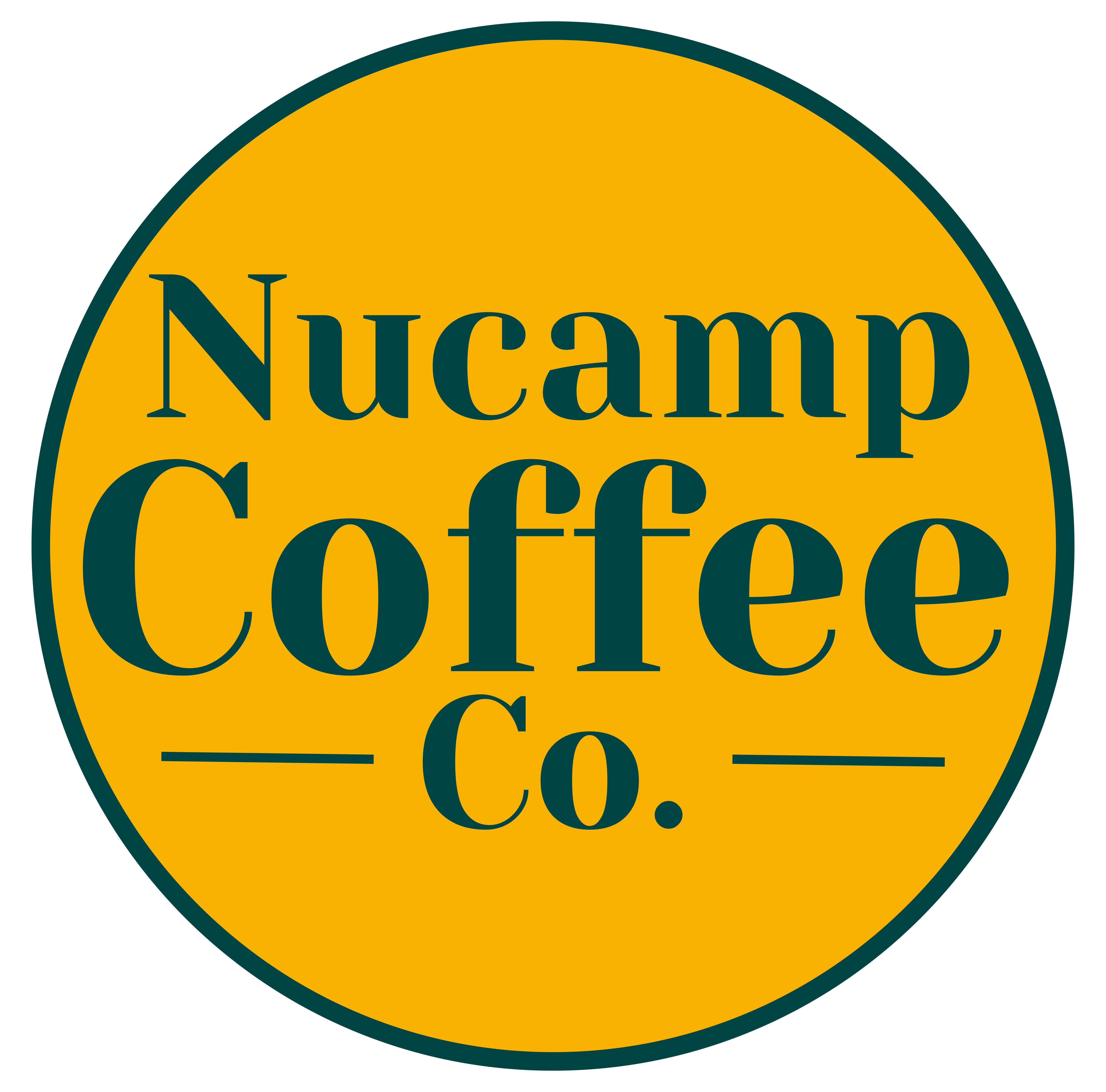 Nucamp Coffee Co. logo, a yellow circle with dark green text and outline